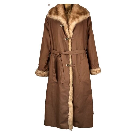Vintage Overcoat XL Faux Fur Lined Belted Rain Coat Mob Wife Penny Lane - Picture 2 of 12